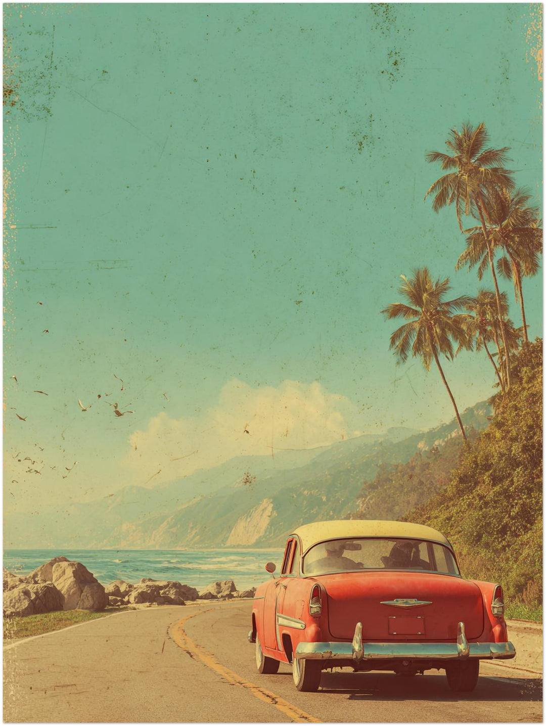 Rotes Auto an Küstenstraße Vintage – Wandkunst