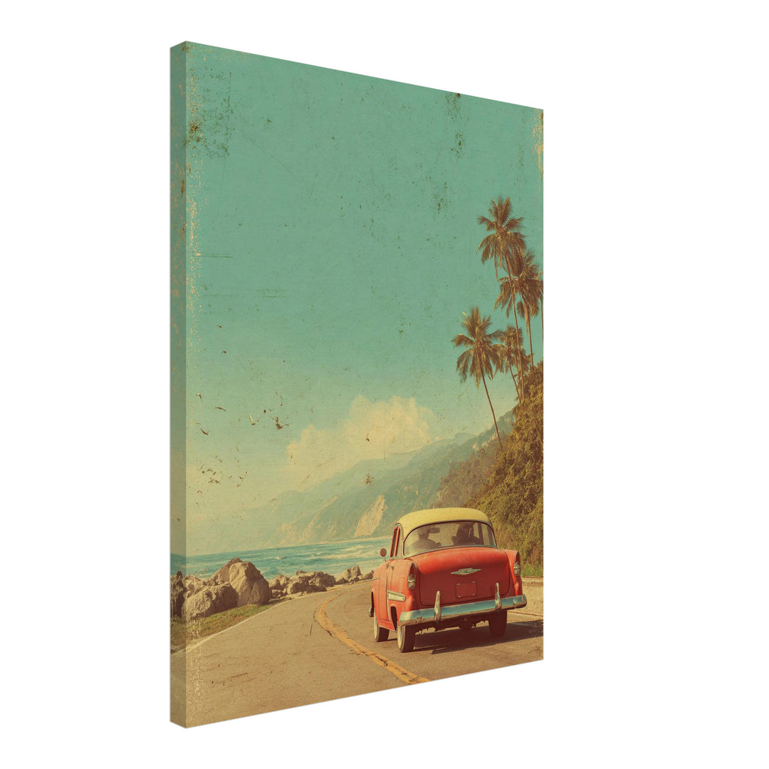 Rotes Auto an Küstenstraße Leinwandbild Vintage – Leinwand auf Holzrahmen – Ansicht 2