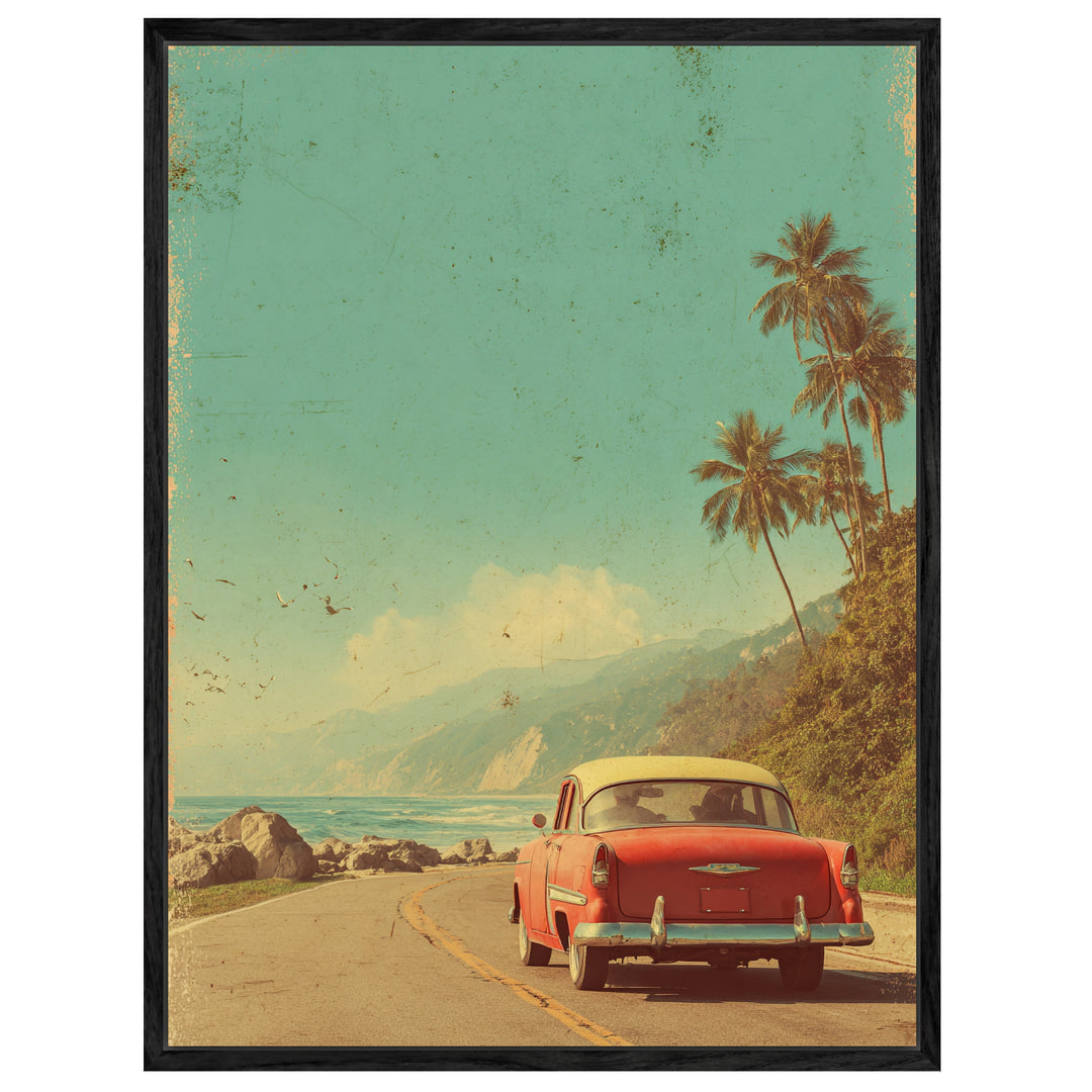 Rotes Auto an Küstenstraße Leinwandbild Vintage – Leinwand auf Holzrahmen – Ansicht 4