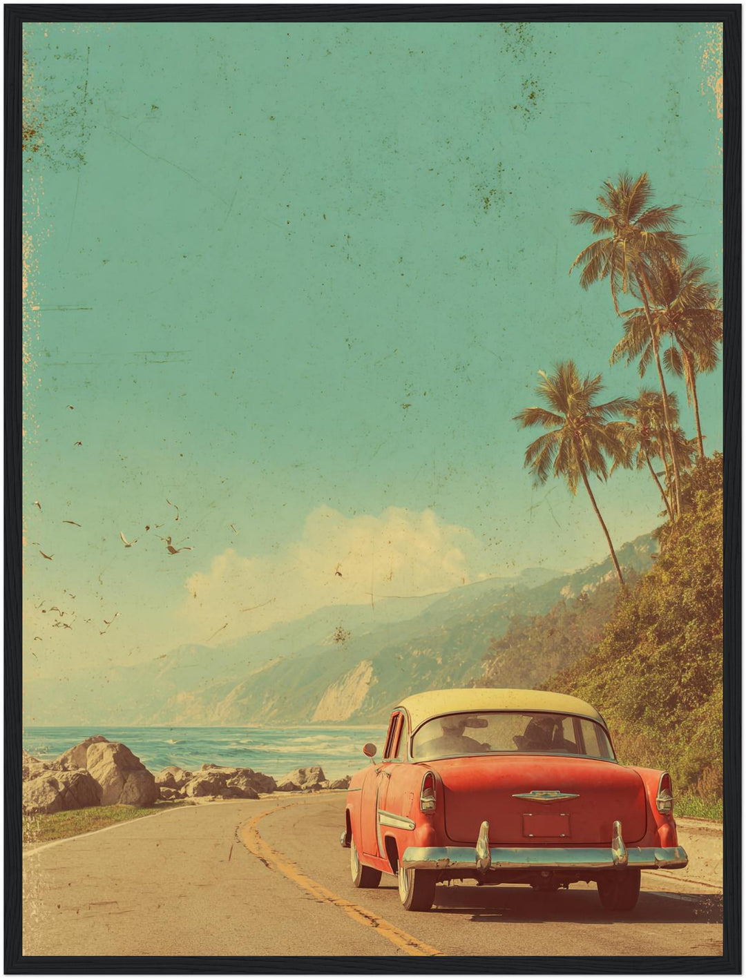 Rotes Auto an Küstenstraße Poster Vintage – mattes Kunstdruck-Papier – Ansicht 3
