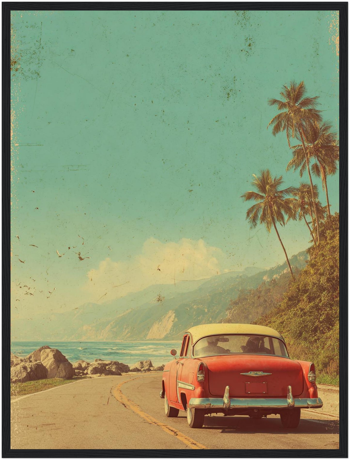 Rotes Auto an Küstenstraße Poster