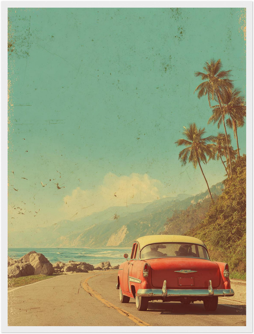 Rotes Auto an Küstenstraße Poster Vintage – mattes Kunstdruck-Papier – Ansicht 4
