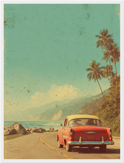 Rotes Auto an Küstenstraße Poster