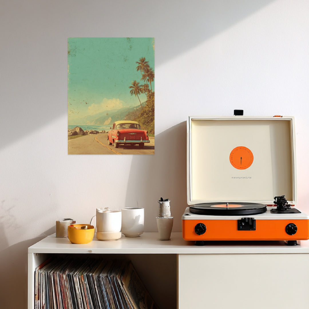 Rotes Auto an Küstenstraße Leinwandbild Vintage – Leinwand auf Holzrahmen – Ansicht 3