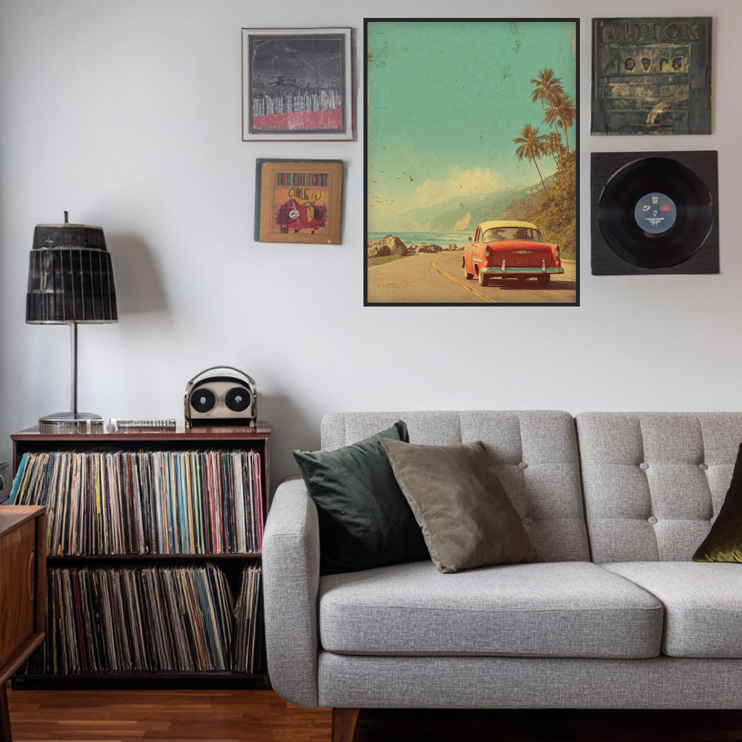 Rotes Auto an Küstenstraße Poster Vintage – mattes Kunstdruck-Papier – Ansicht 6