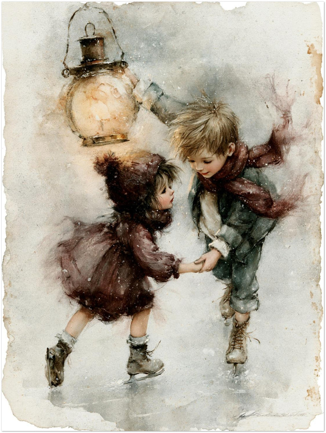Schlittschuh-Kinder im Schneetreiben Poster – Ohne Rahmen – Produktfoto