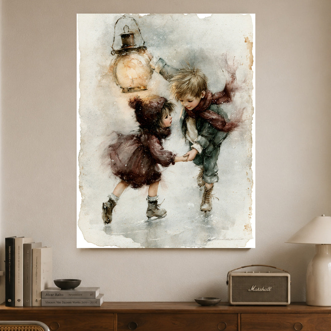 Schlittschuh-Kinder im Schneetreiben Poster – Ohne Rahmen – Produktfoto