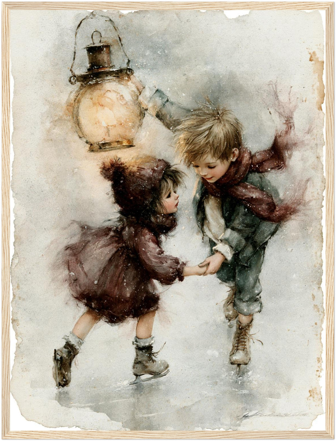 Schlittschuh-Kinder im Schneetreiben Poster – Holz natur Rahmen – Produktfoto