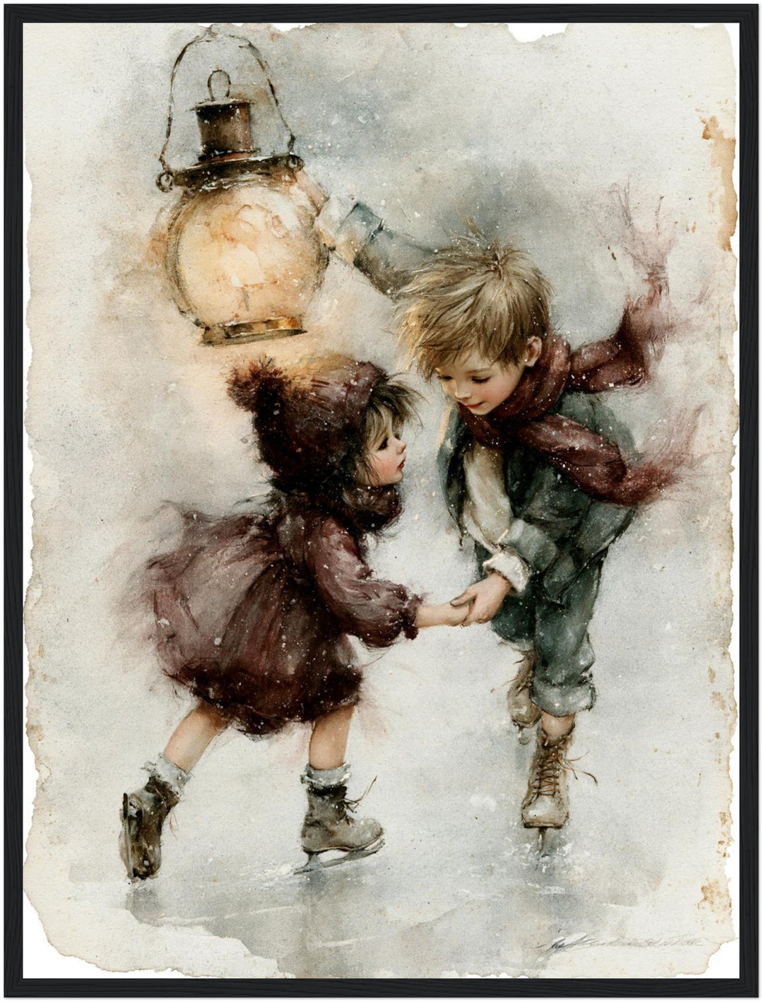 Schlittschuh-Kinder im Schneetreiben Poster – Schwarzer Rahmen – Produktfoto