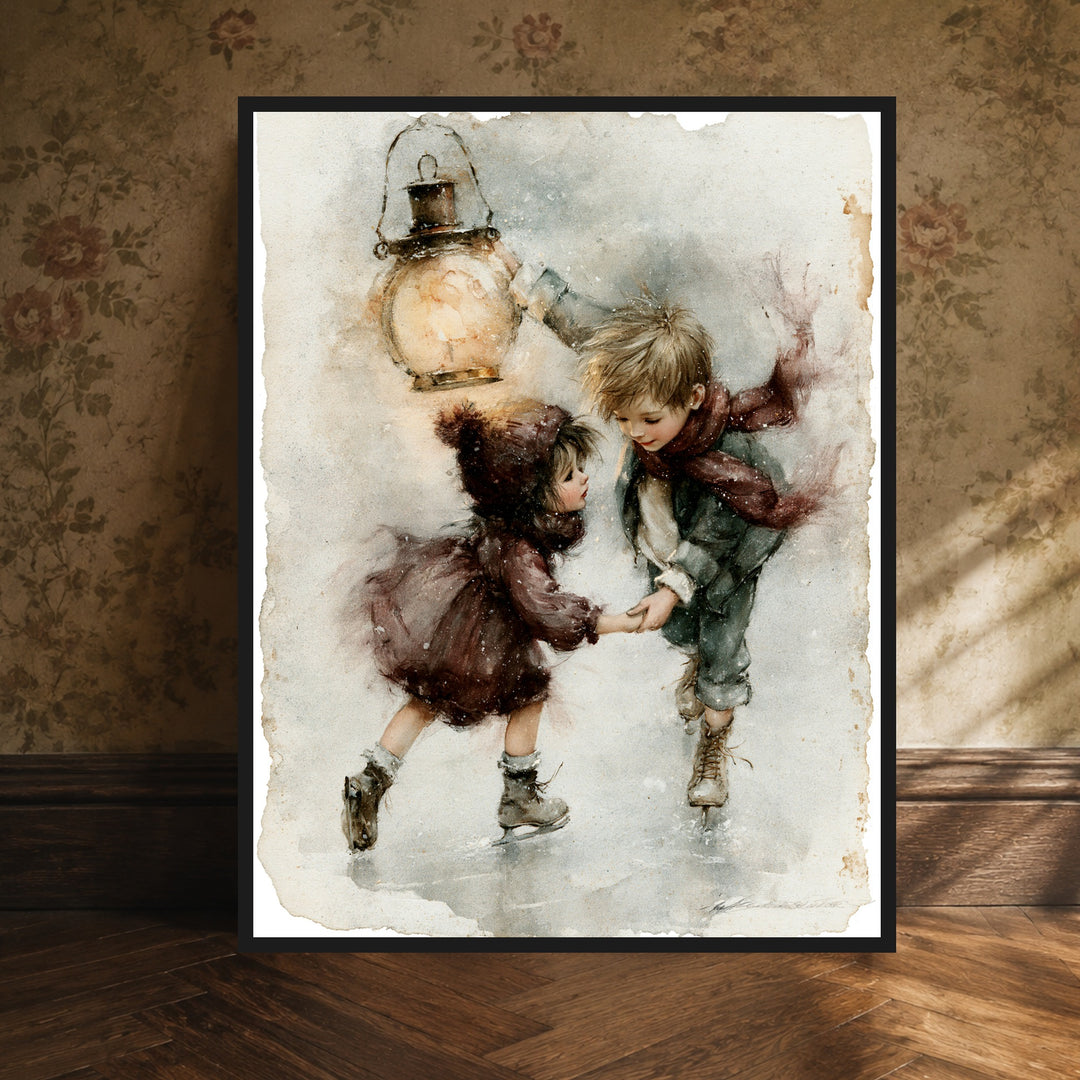 Schlittschuh-Kinder im Schneetreiben Poster – Schwarzer Rahmen – Produktfoto
