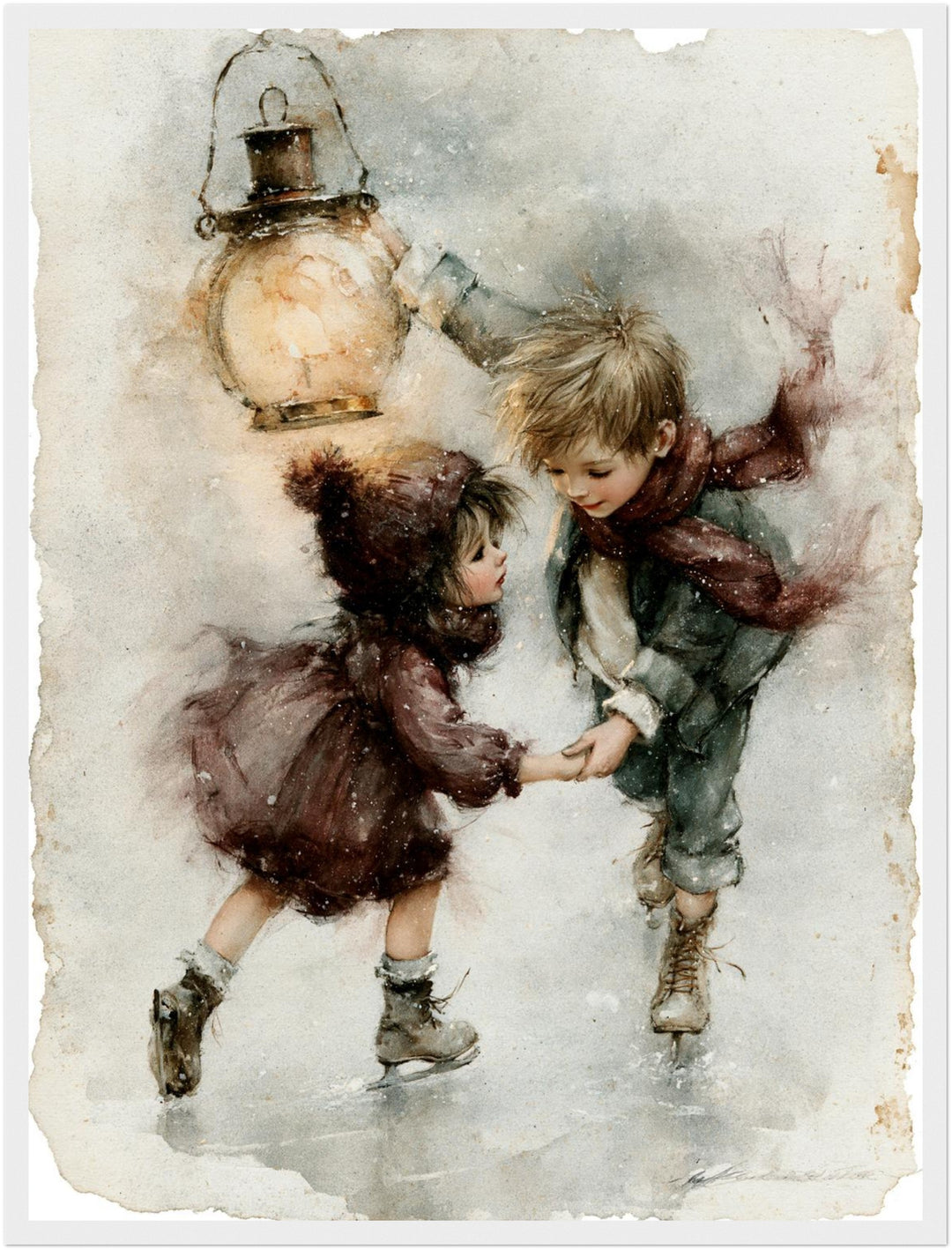 Schlittschuh-Kinder im Schneetreiben Poster – Weißer Rahmen – Produktfoto