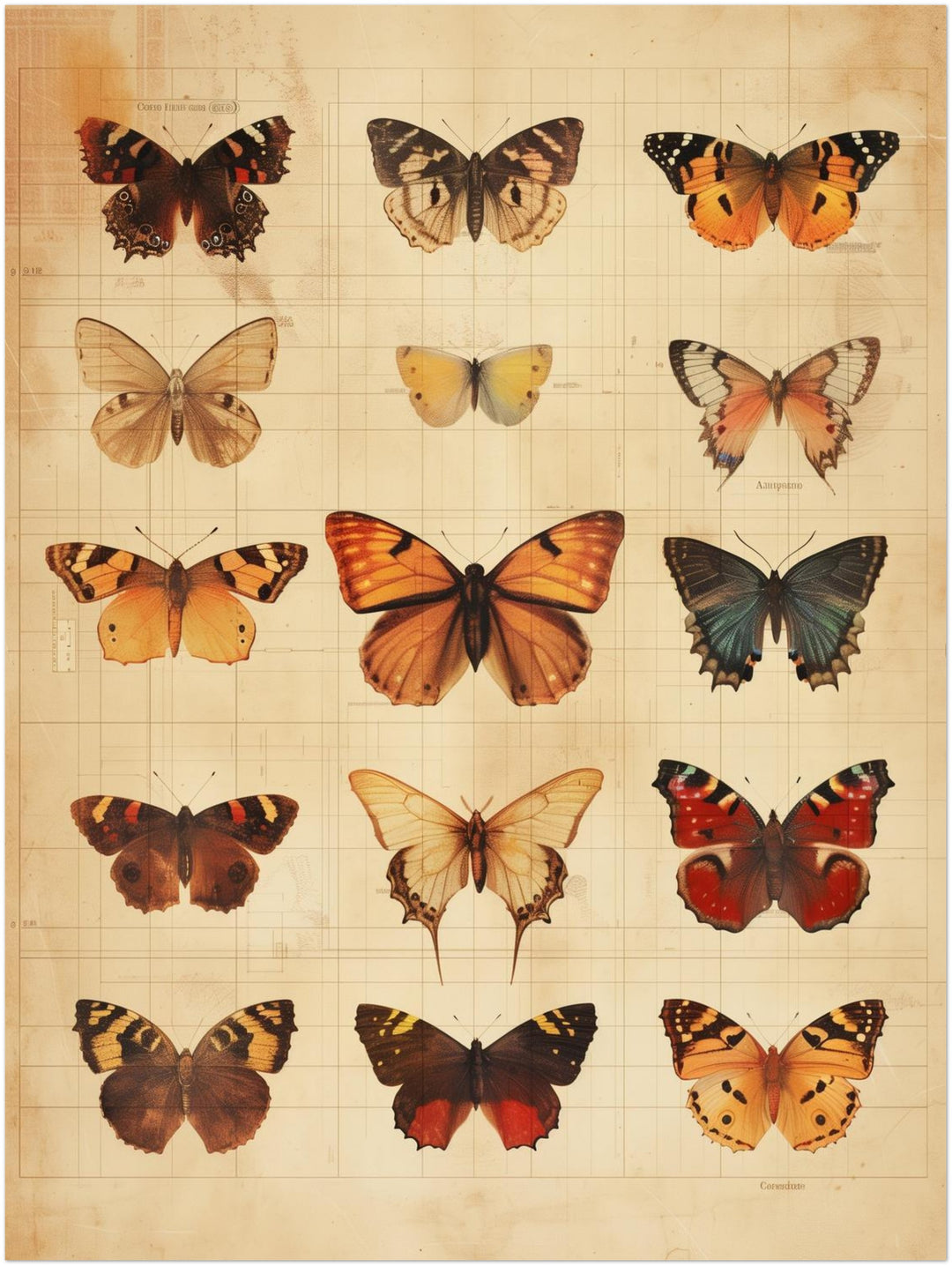 Schmetterlinge im Vintage-Tableau Leinwandbild – Ohne Rahmen – Produktfoto