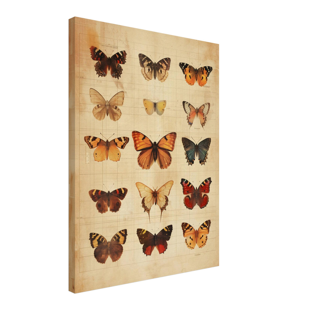 Schmetterlinge im Vintage-Tableau Leinwandbild – Schräge Ansicht – Produktfoto