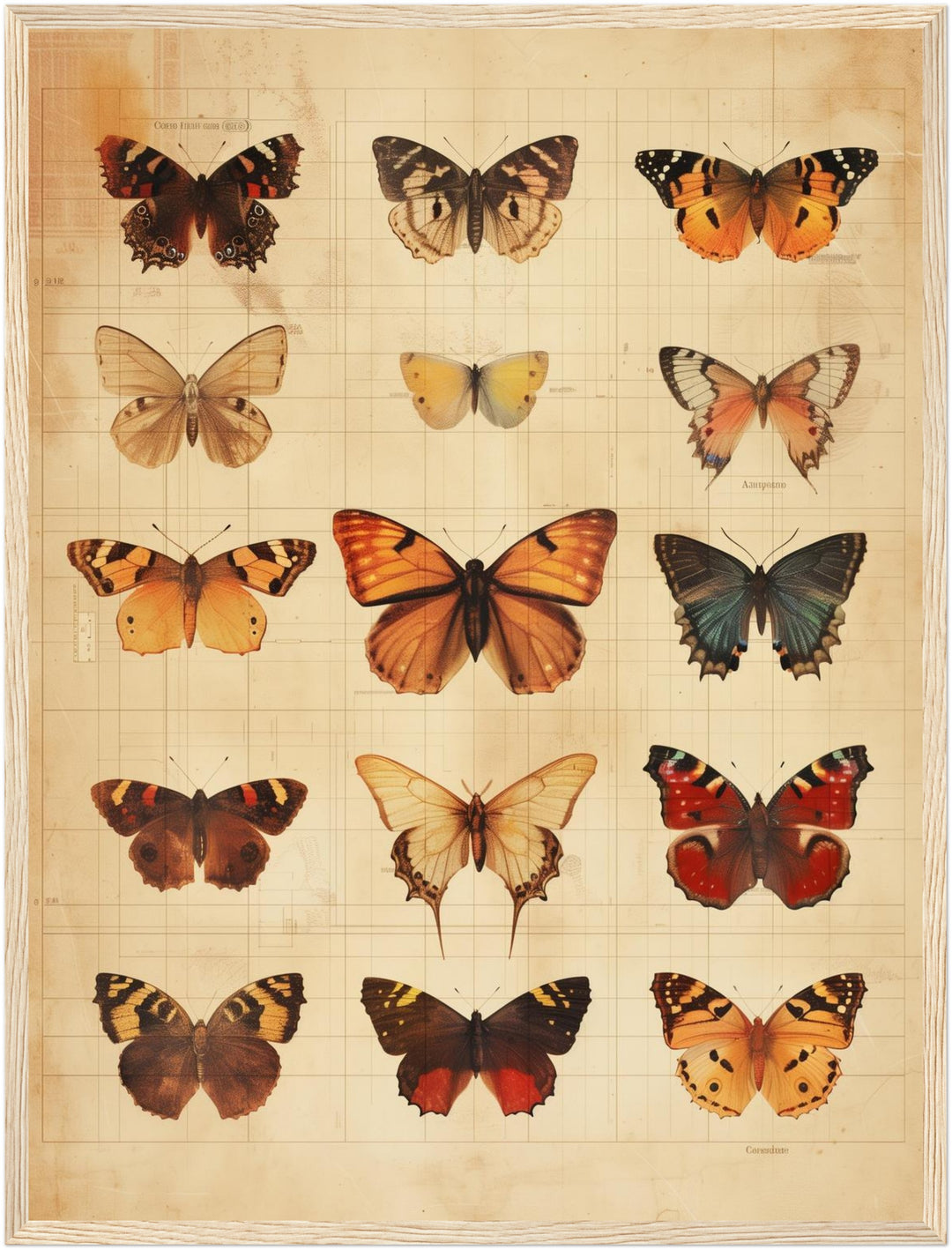 Schmetterlinge im Vintage-Tableau Poster – Holz natur Rahmen – Produktfoto