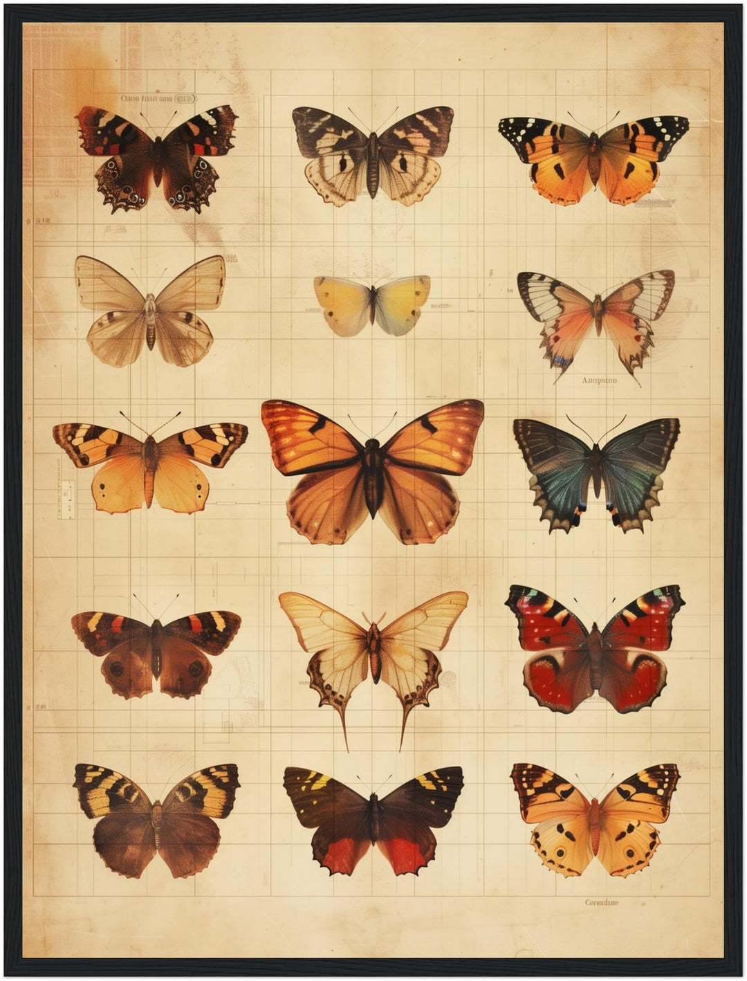 Schmetterlinge im Vintage-Tableau Poster – Schwarzer Rahmen – Produktfoto