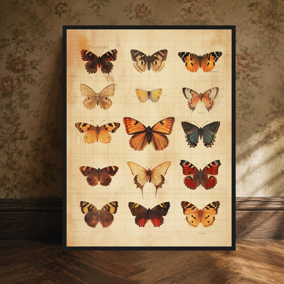 Schmetterlinge im Vintage-Tableau Poster – Schwarzer Rahmen – Produktfoto