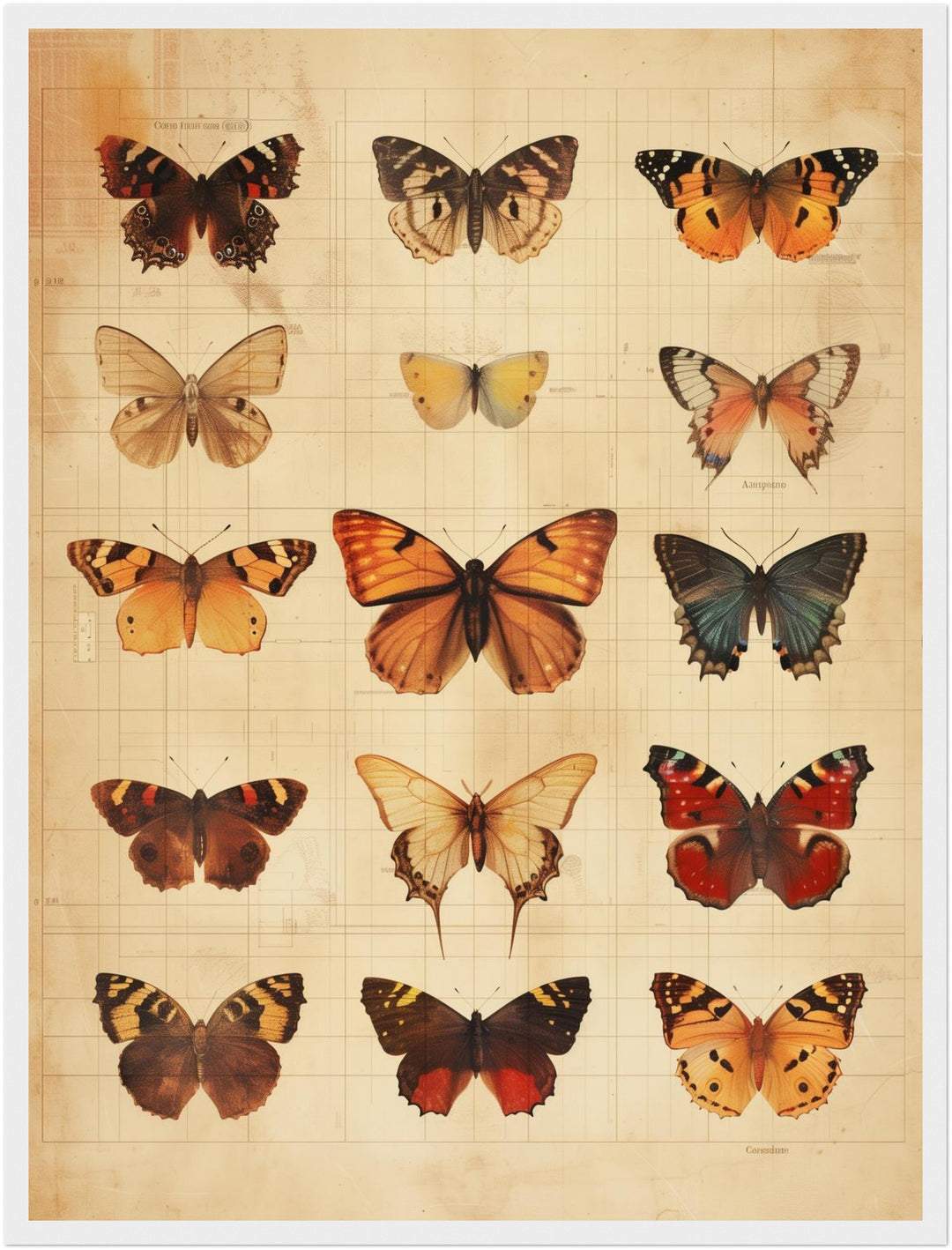 Schmetterlinge im Vintage-Tableau Poster – Weißer Rahmen – Produktfoto
