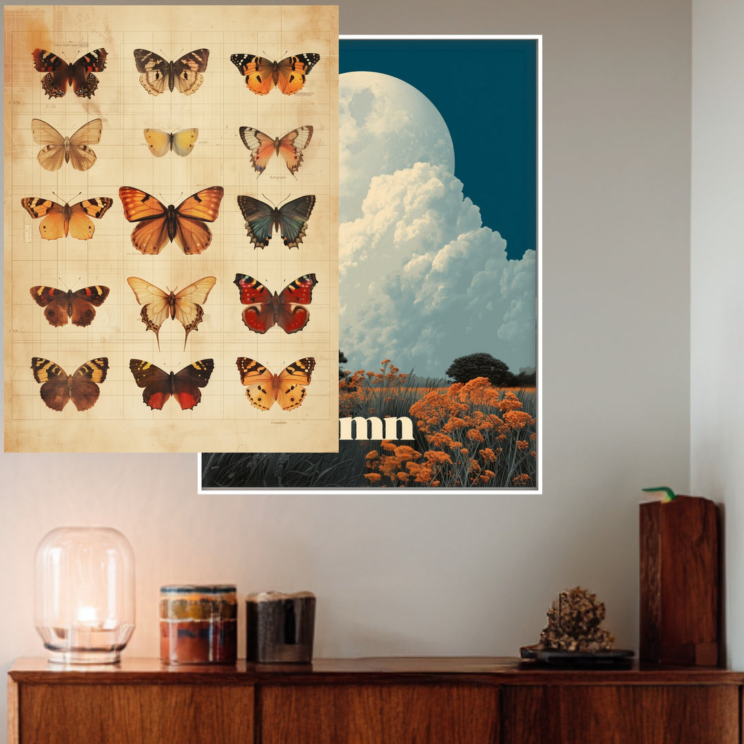 Schmetterlinge im Vintage-Tableau Poster – Weißer Rahmen – Produktfoto