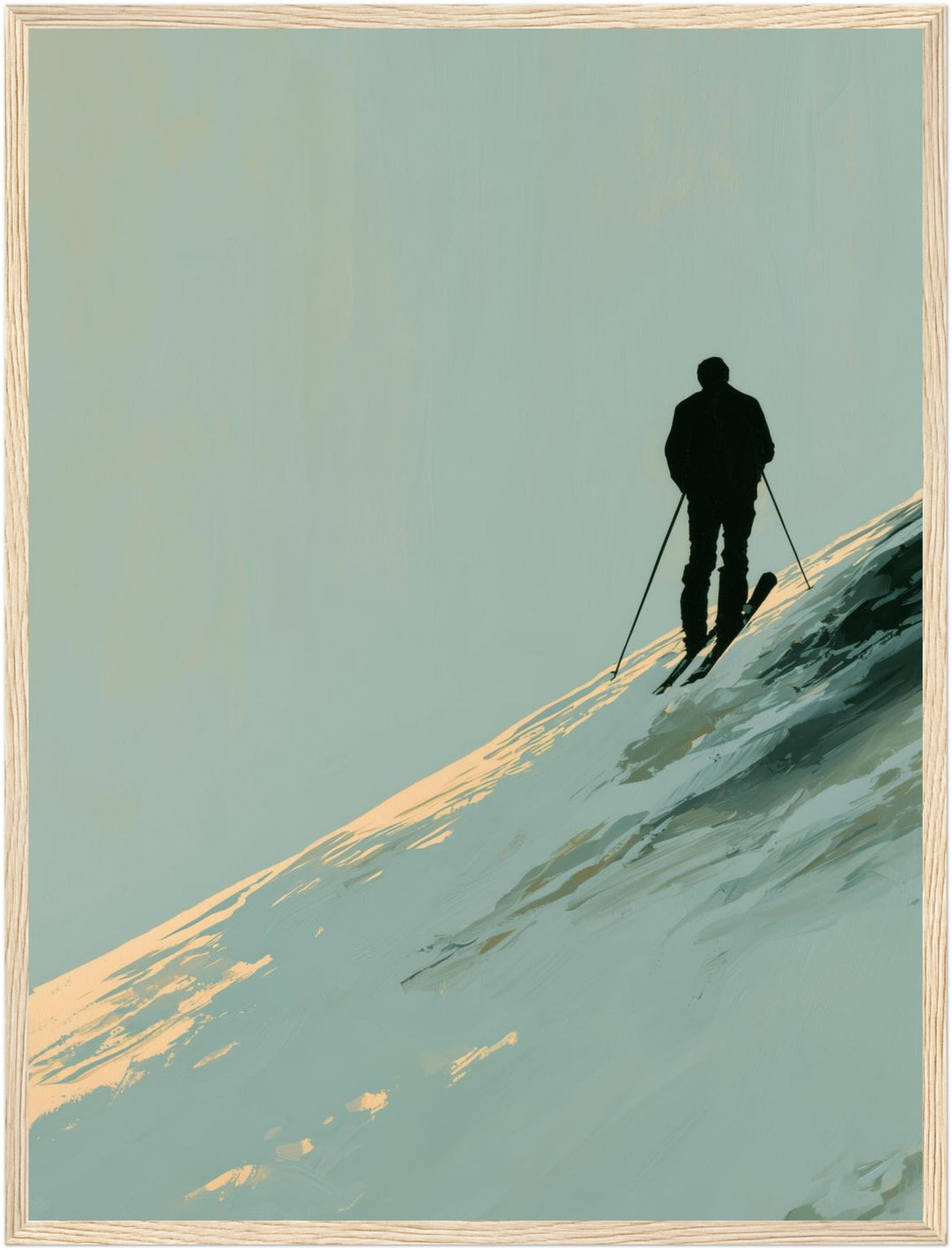 Skifahrer im Winterlicht Poster – Holz natur Rahmen – Produktfoto