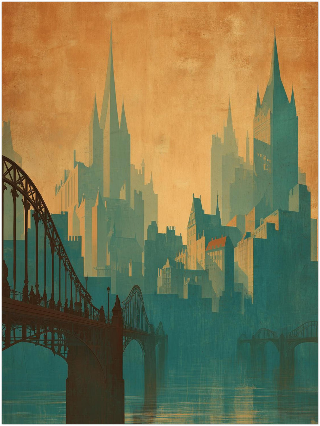 Skyline mit Brücke Vintage – Wandkunst