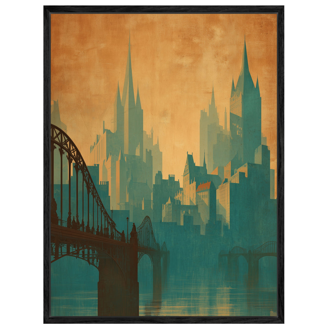 Skyline mit Brücke Leinwandbild Vintage – Leinwand auf Holzrahmen – Ansicht 4