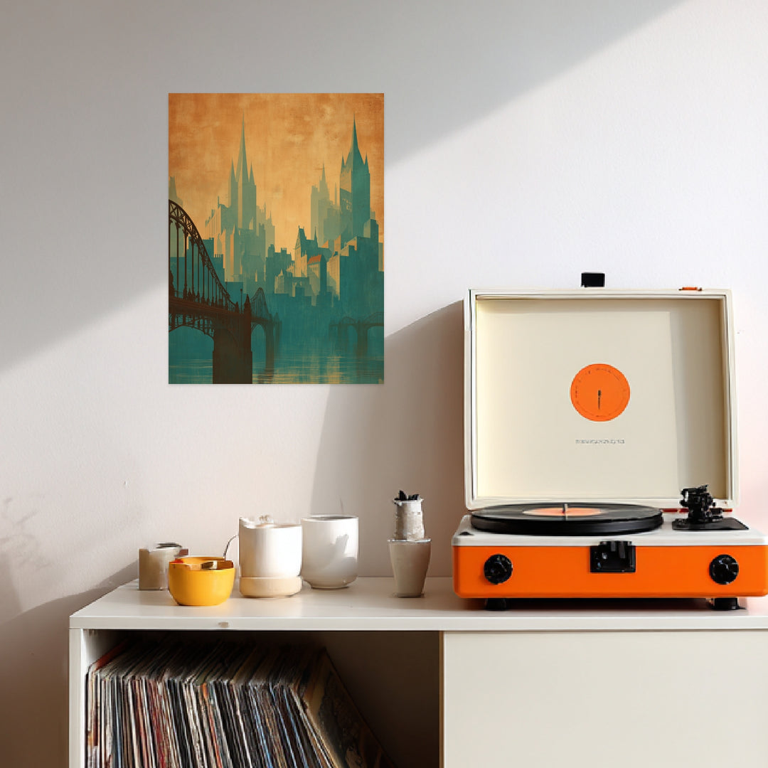 Skyline mit Brücke Leinwandbild Vintage – Leinwand auf Holzrahmen – Ansicht 3