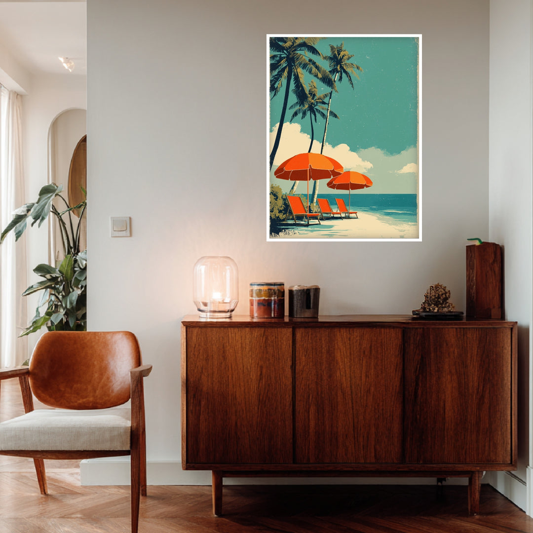 Strand mit Sonnenschirmen Poster Vintage – mattes Kunstdruck-Papier – Ansicht 4