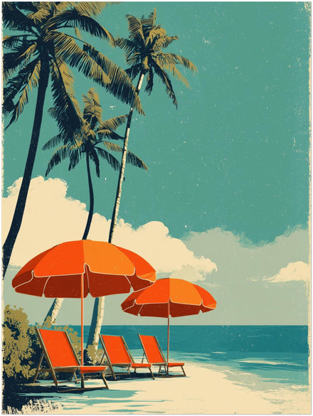 Strand mit Sonnenschirmen — Vintage-Poster