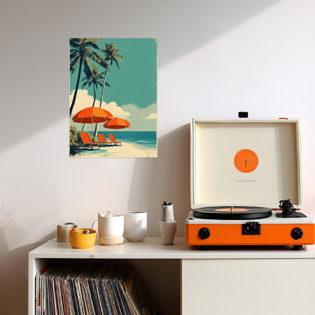Strand mit Sonnenschirmen Leinwandbild Vintage – Leinwand auf Holzrahmen – Ansicht 3