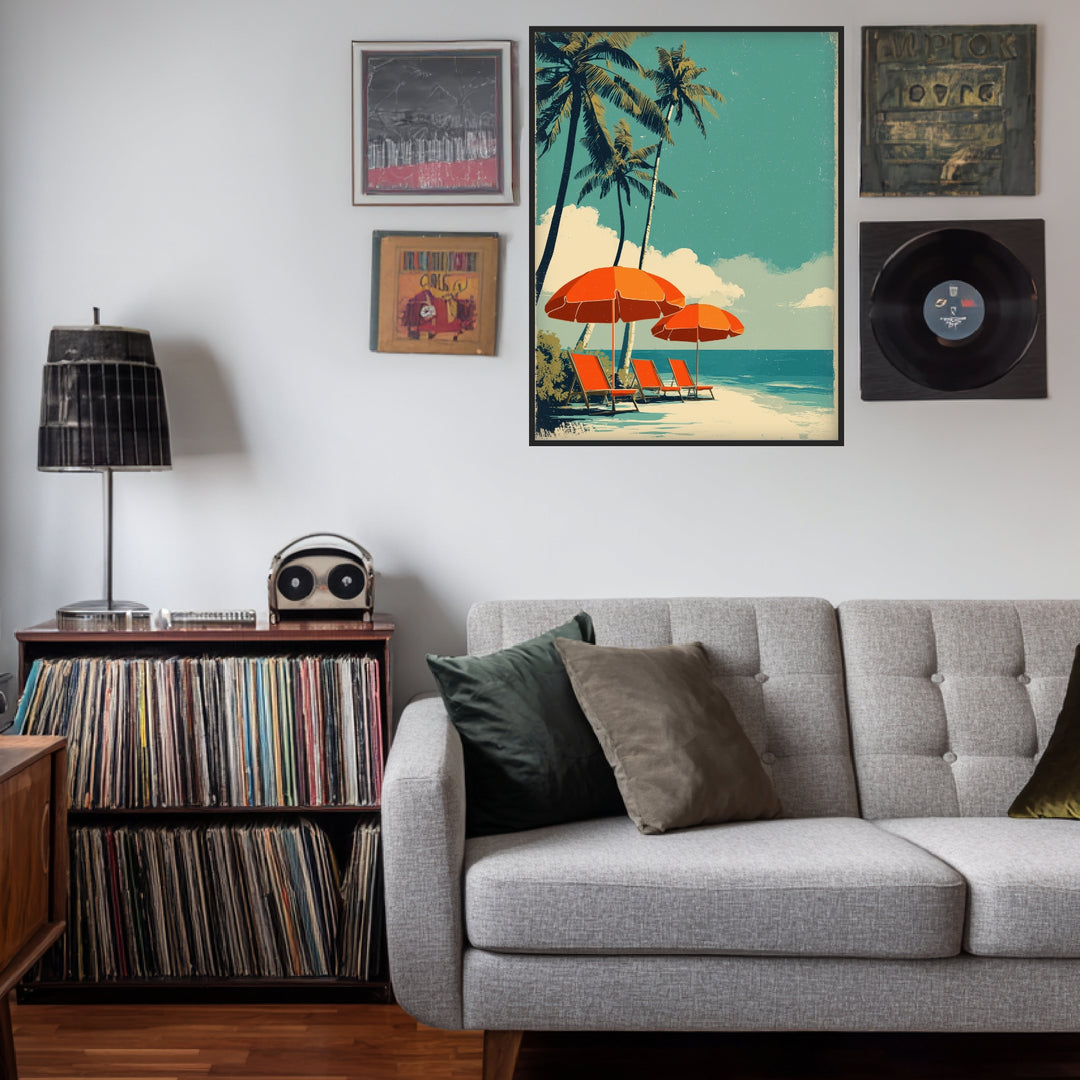 Strand mit Sonnenschirmen Poster Vintage – mattes Kunstdruck-Papier – Ansicht 3