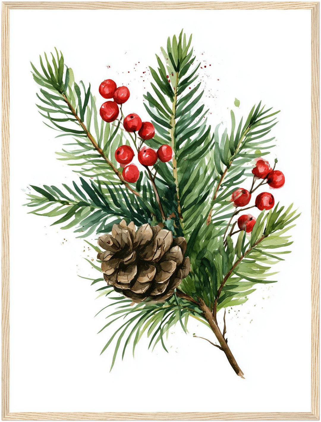 Winterzweig mit Zapfen Poster – Holz natur Rahmen – Produktfoto