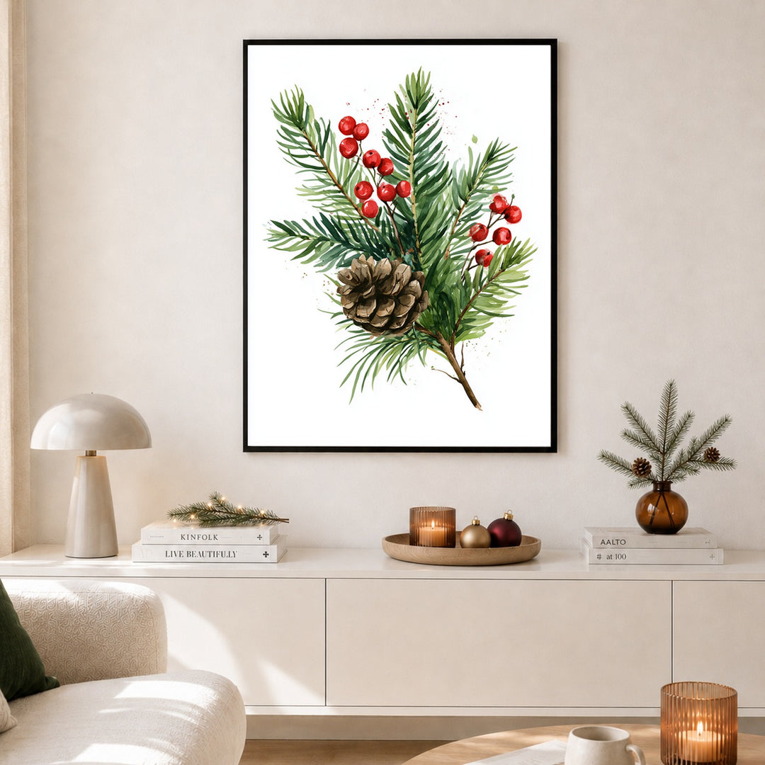 Winterzweig mit Zapfen Poster – Schwarzer Rahmen – Produktfoto
