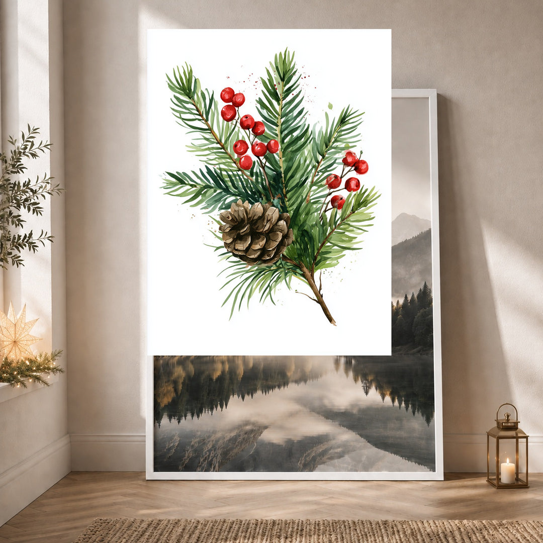 Winterzweig mit Zapfen Poster – Weißer Rahmen – Produktfoto