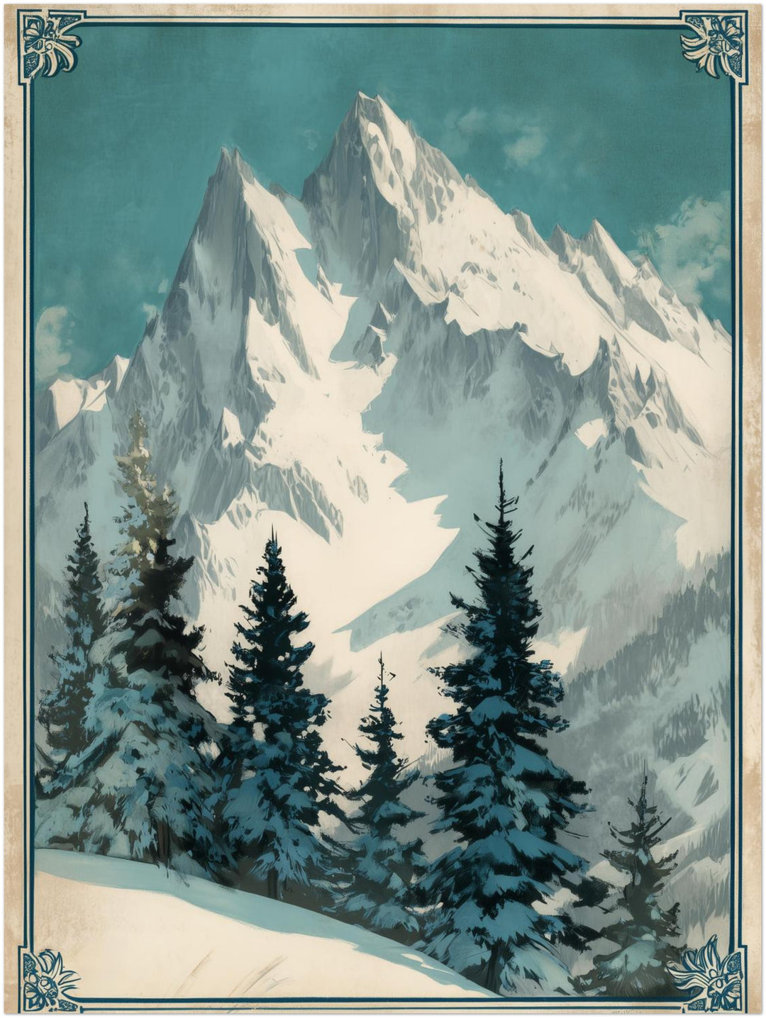 Verschneite Berglandschaft Vintage – Wandkunst