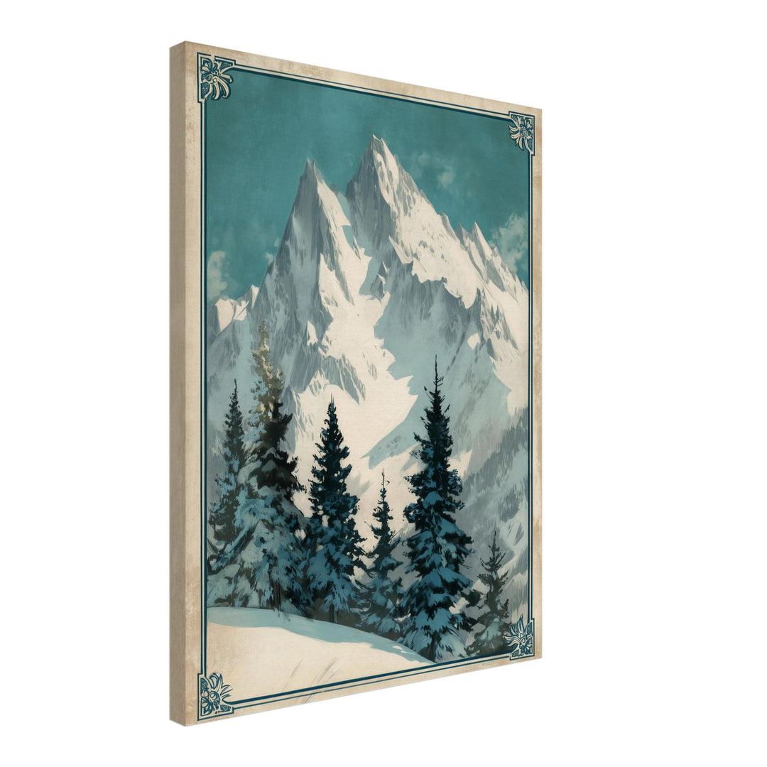 Verschneite Berglandschaft Leinwandbild Vintage – Leinwand auf Holzrahmen – Ansicht 2
