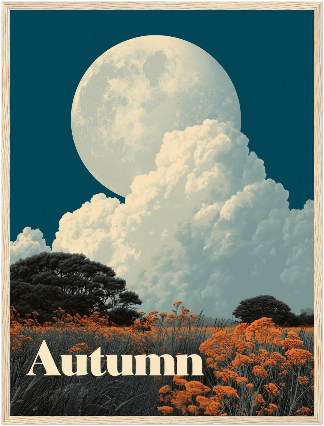 Vollmond über Herbstwiese Poster – Holz natur Rahmen – Produktfoto