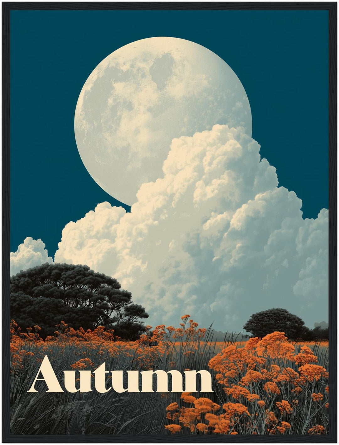 Vollmond über Herbstwiese Poster – Schwarzer Rahmen – Produktfoto