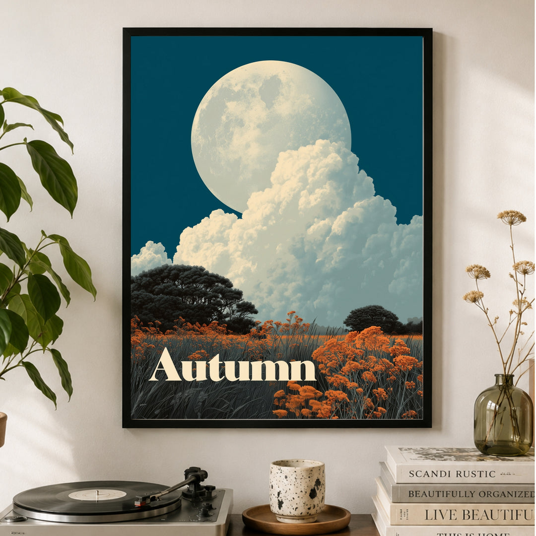 Vollmond über Herbstwiese Poster – Schwarzer Rahmen – Produktfoto