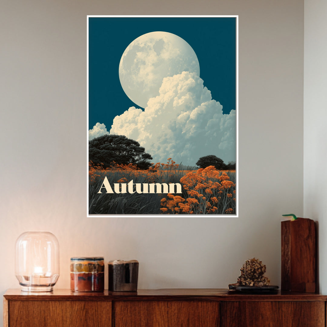 Vollmond über Herbstwiese Poster – Weißer Rahmen – Produktfoto
