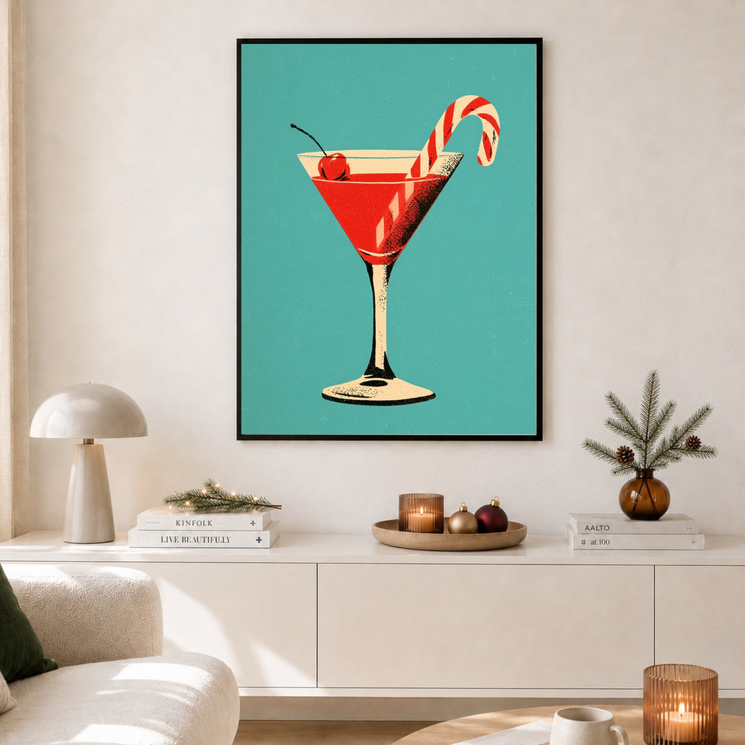 Weihnachts-Martini mit Zuckerstange Poster – Schwarzer Rahmen – Produktfoto