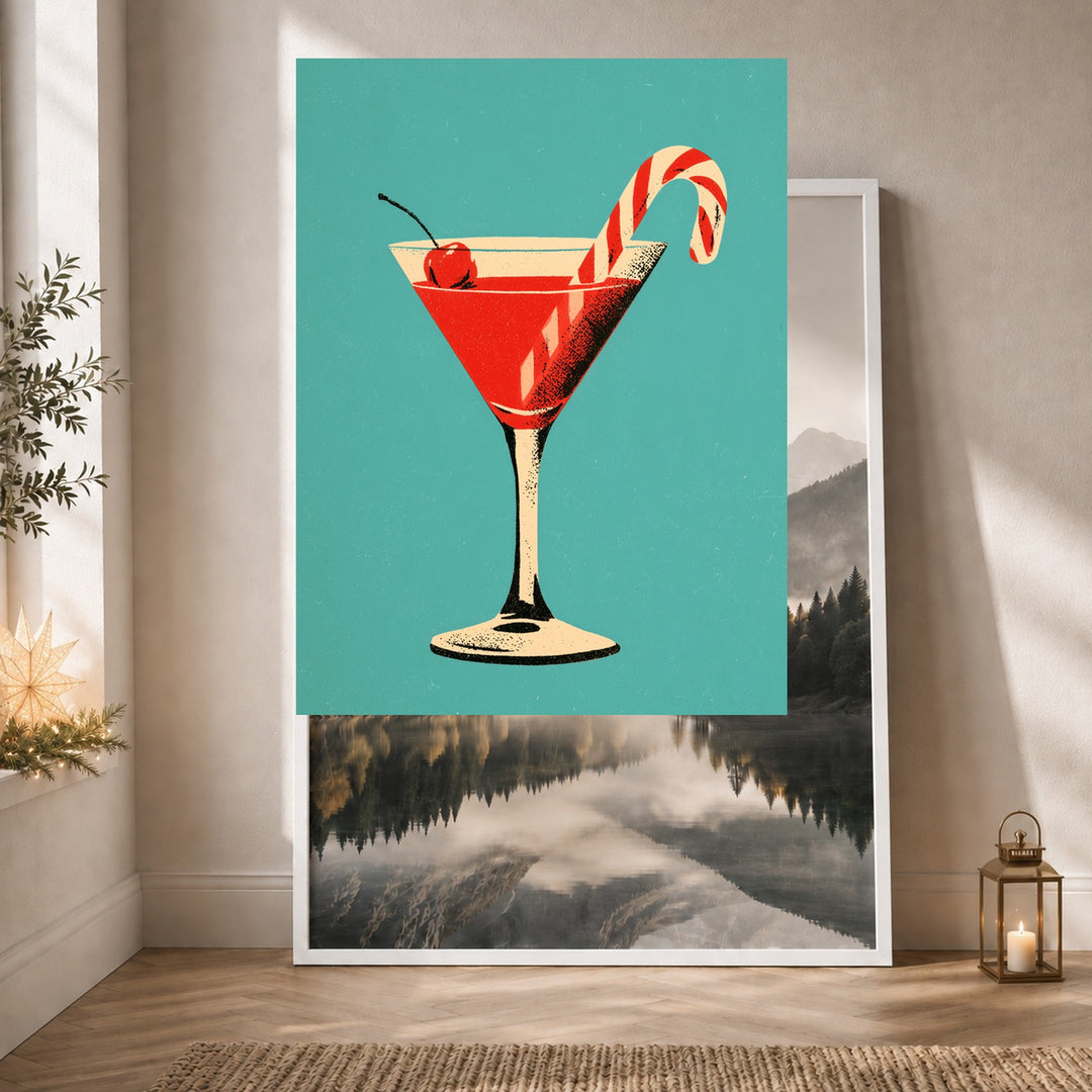Weihnachts-Martini mit Zuckerstange Poster – Weißer Rahmen – Produktfoto