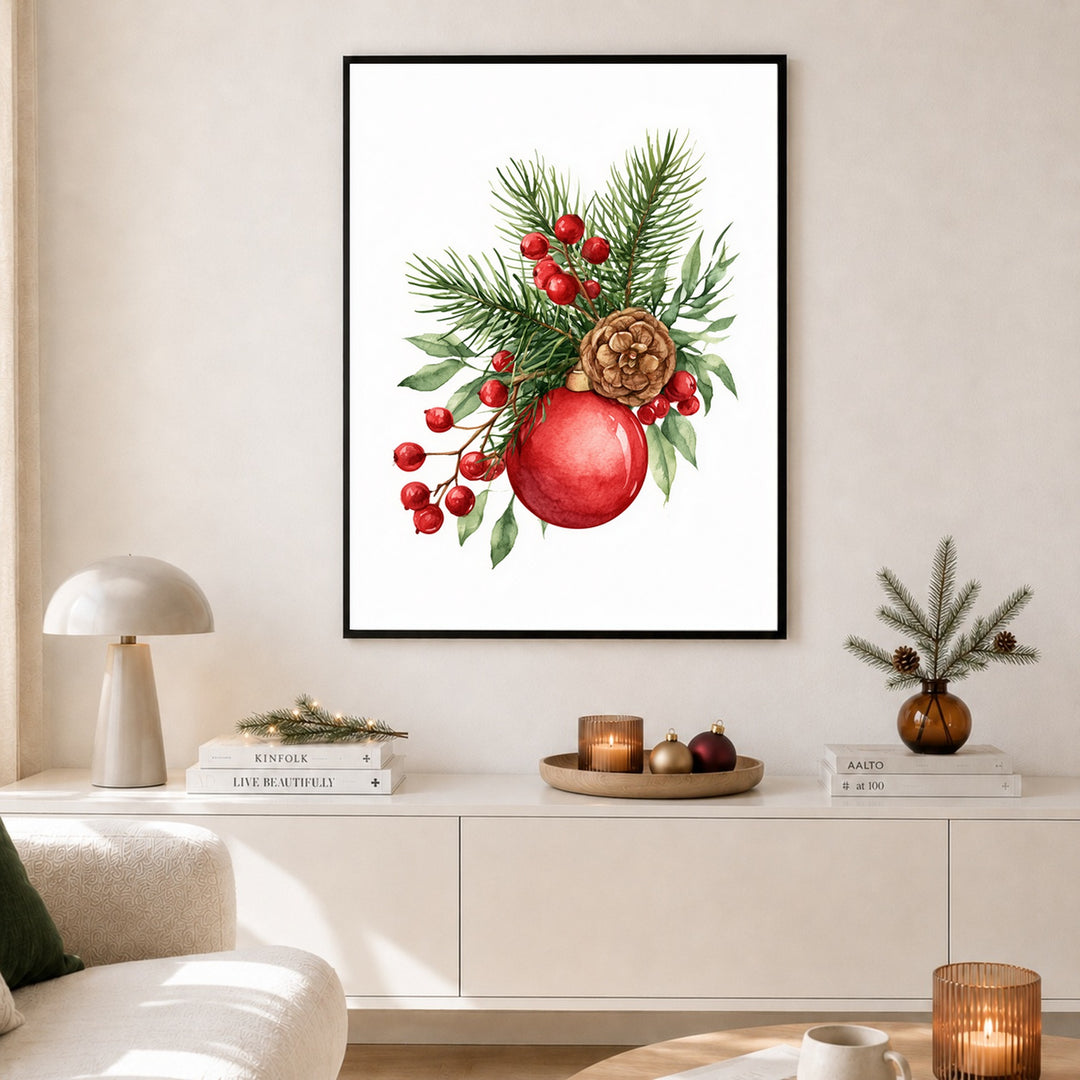 Weihnachtlicher Tannenzweig Stillleben Poster – Schwarzer Rahmen – Produktfoto
