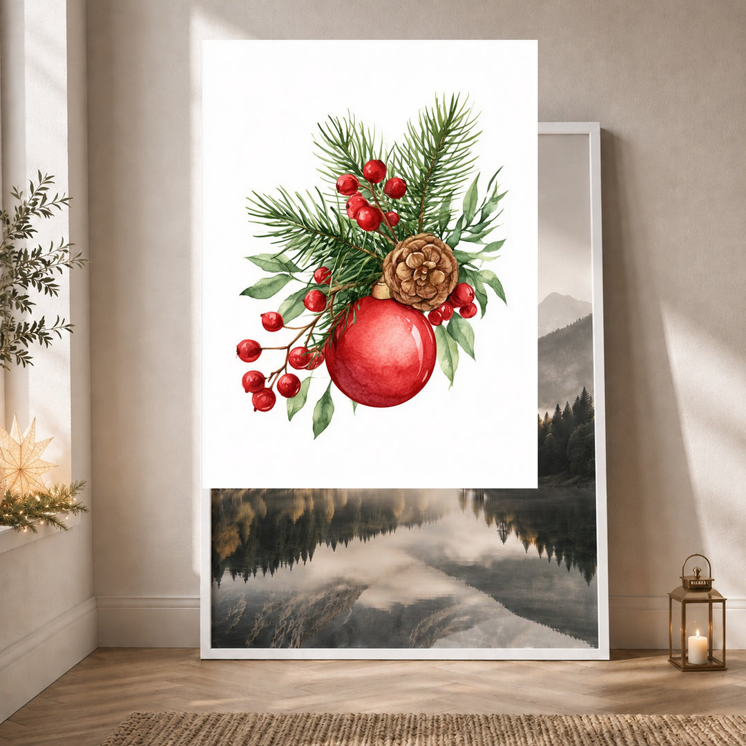 Weihnachtlicher Tannenzweig Stillleben Poster – Weißer Rahmen – Produktfoto