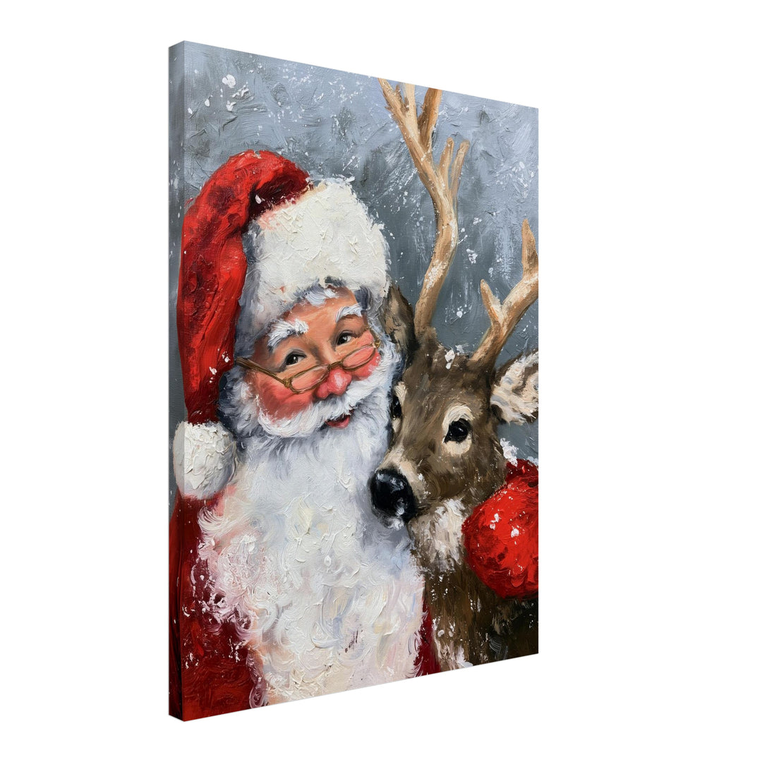 Weihnachtsmann mit Rentier Leinwandbild – Schräge Ansicht – Produktfoto