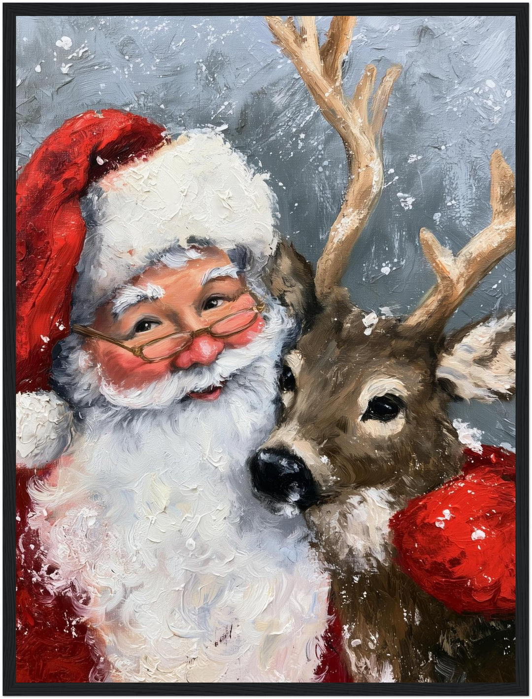 Weihnachtsmann mit Rentier Poster – Schwarzer Rahmen – Produktfoto