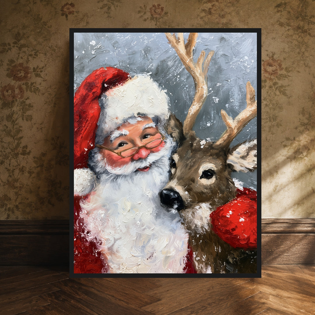 Weihnachtsmann mit Rentier Poster – Schwarzer Rahmen – Produktfoto