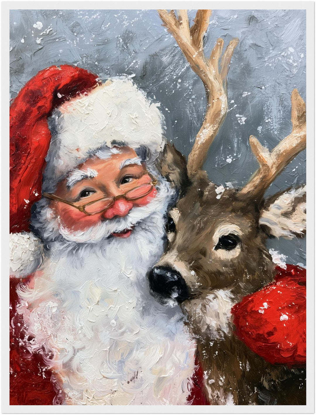 Weihnachtsmann mit Rentier Poster – Weißer Rahmen – Produktfoto