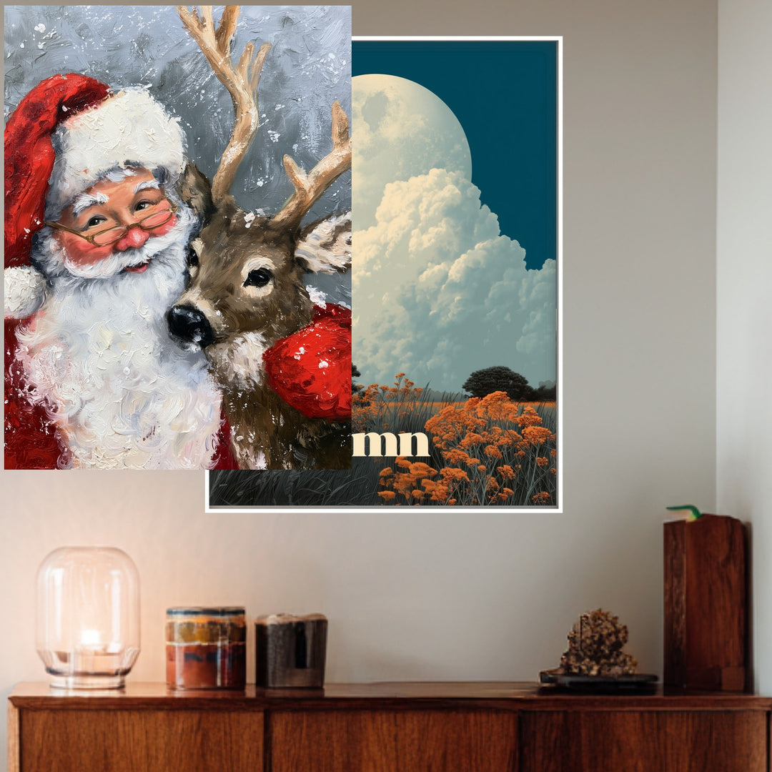 Weihnachtsmann mit Rentier Poster – Weißer Rahmen – Produktfoto