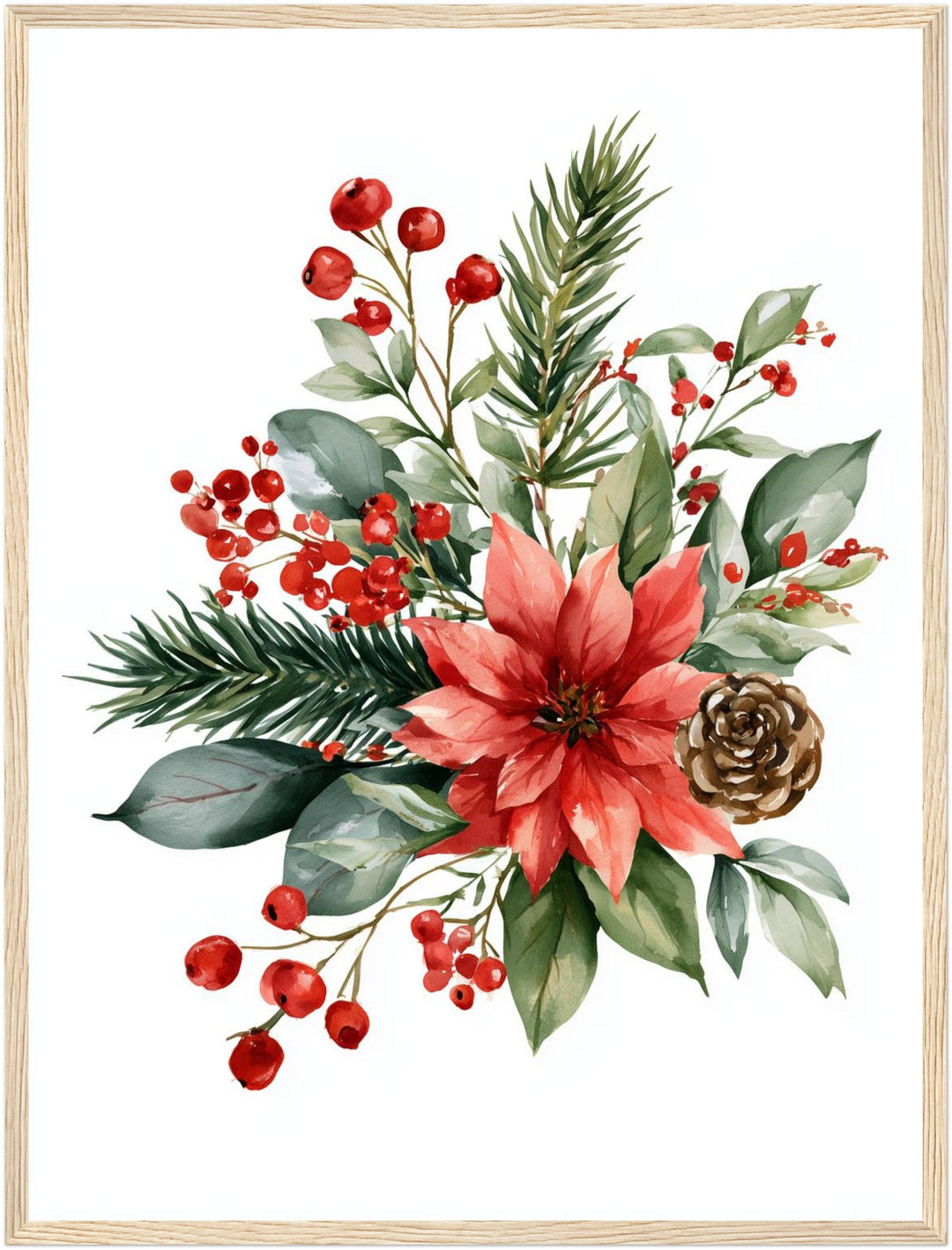 Weihnachtlicher Poinsettia Strauß Poster – Holz natur Rahmen – Produktfoto