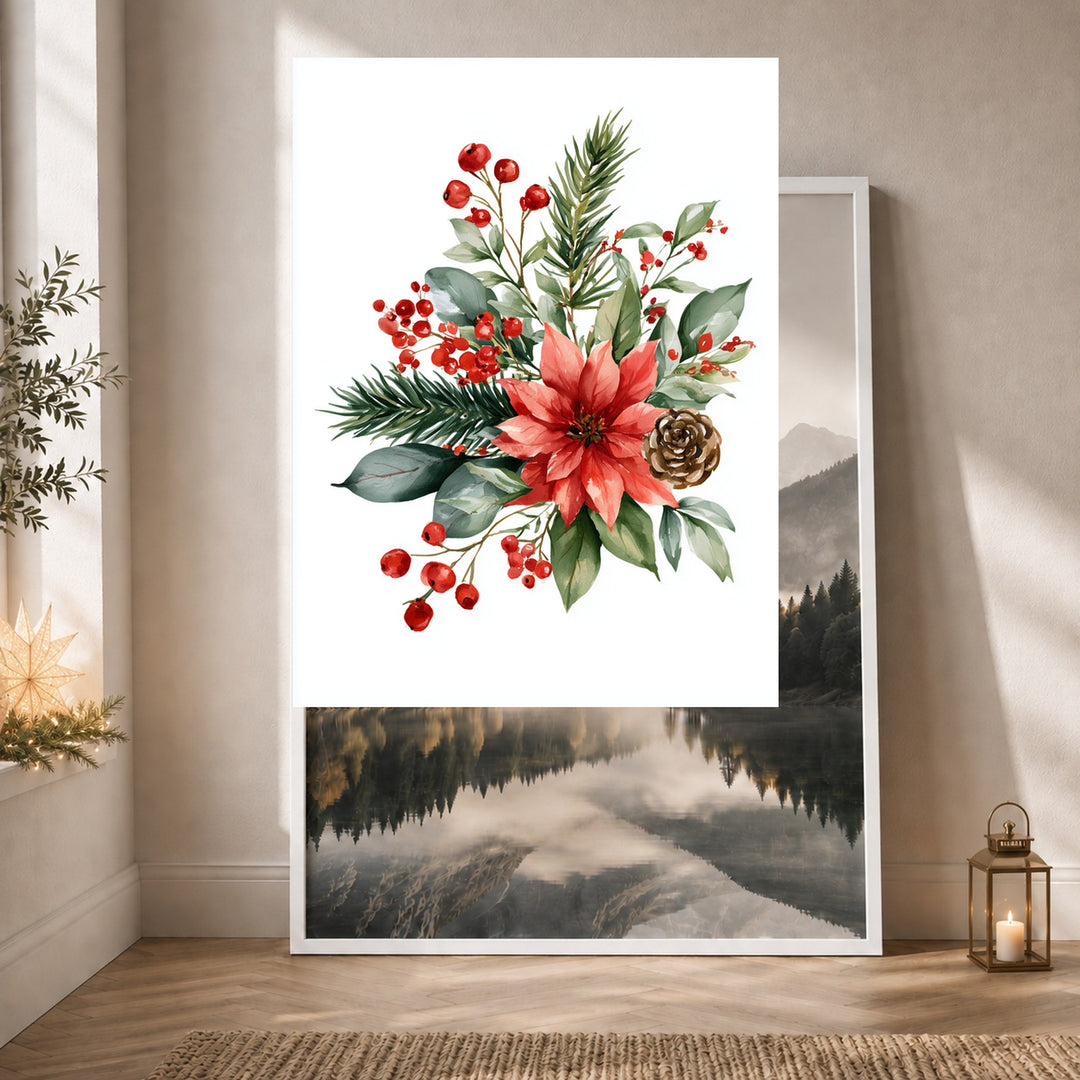Weihnachtlicher Poinsettia Strauß Poster – Weißer Rahmen – Produktfoto